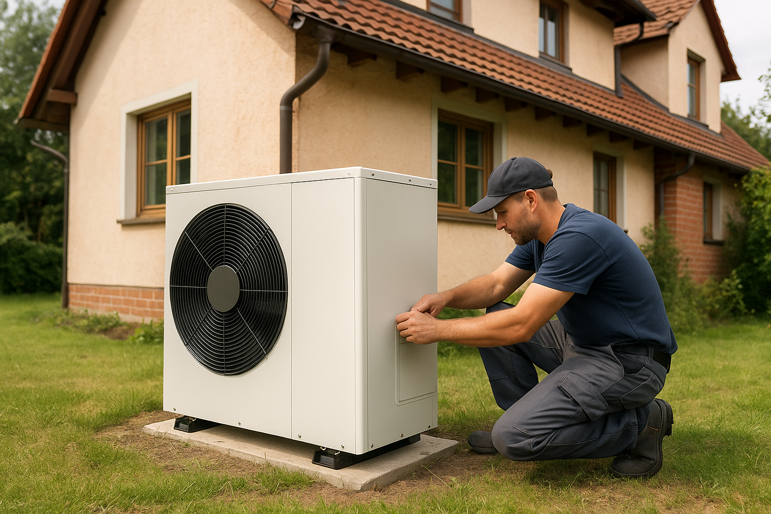 Bild zeigt Handwerker bei der Installation einer Wärmepumpe im Garten